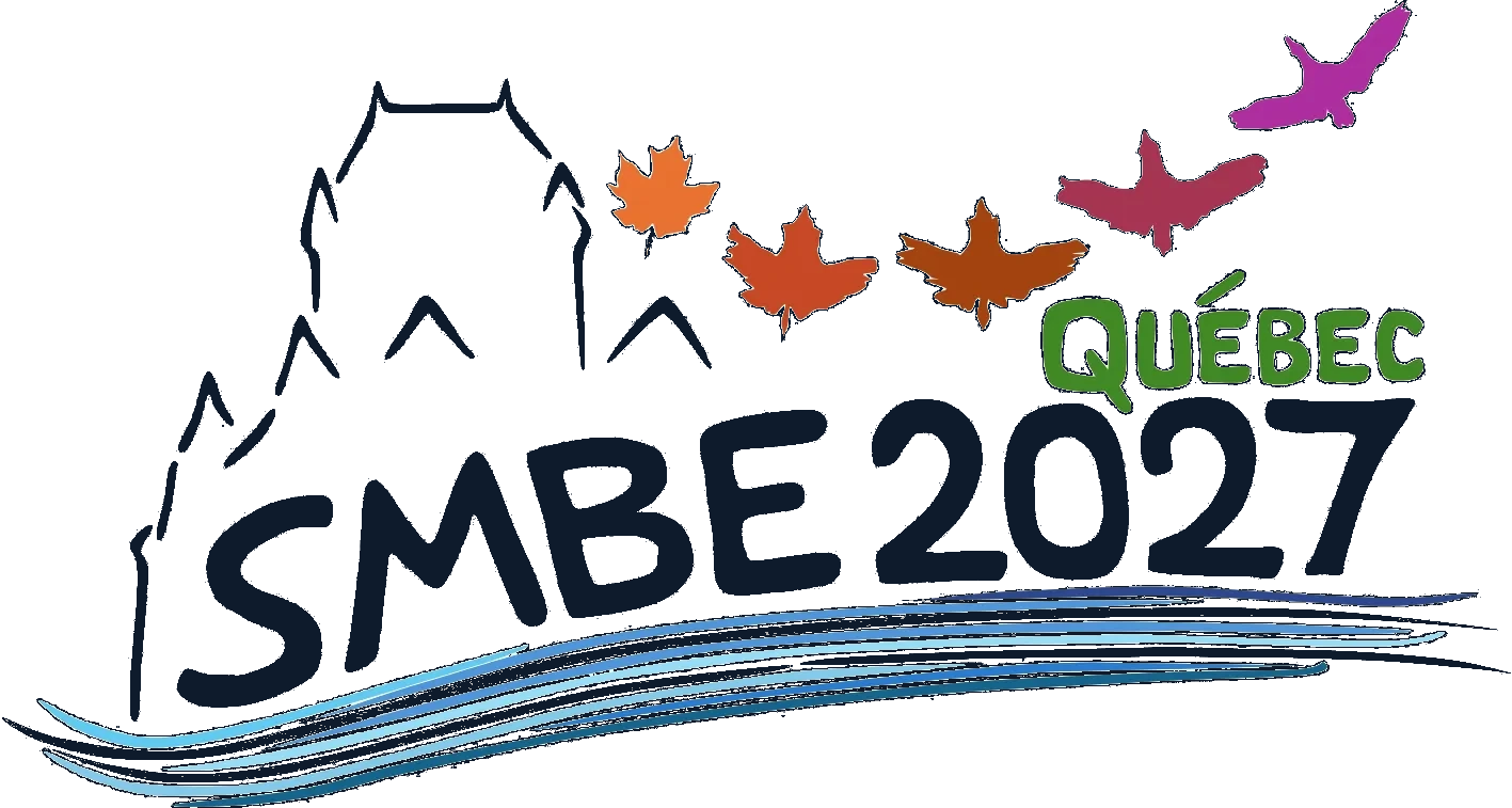 The SMBE 2027 emblem: a hand-drawn silhouette of the Château Frontenac, beneath it sugar maple leaves transforming into snow geese in flight, over flowing lines of the St. Lawrence River, with 'SMBE 2027' as the wordmark and 'QUÉBEC' in green.